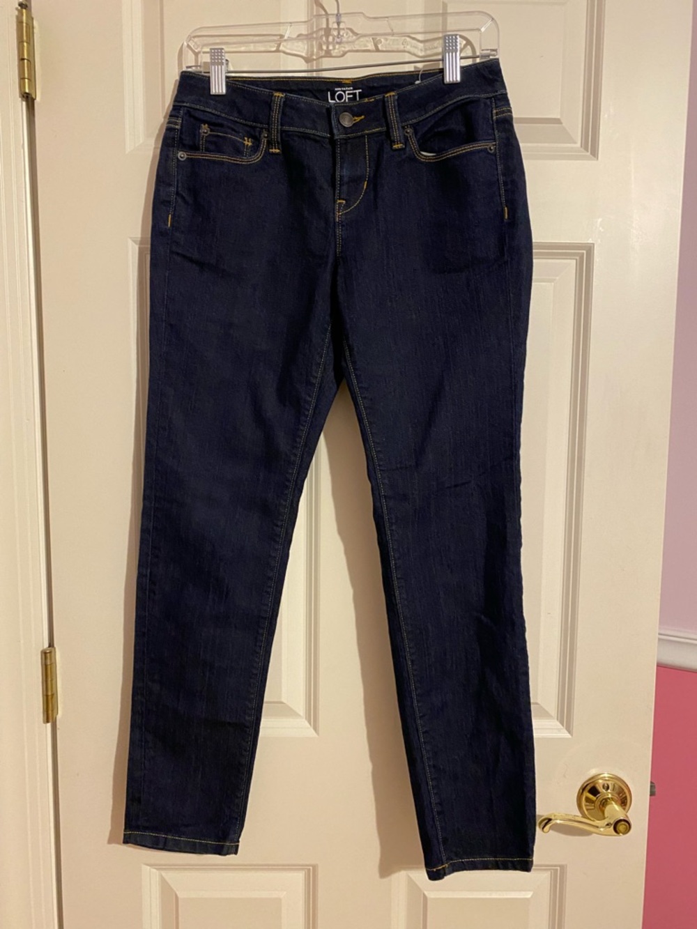 Ann Taylor LOFT dark wash blue skinny denim jeans, womens petite size 4P